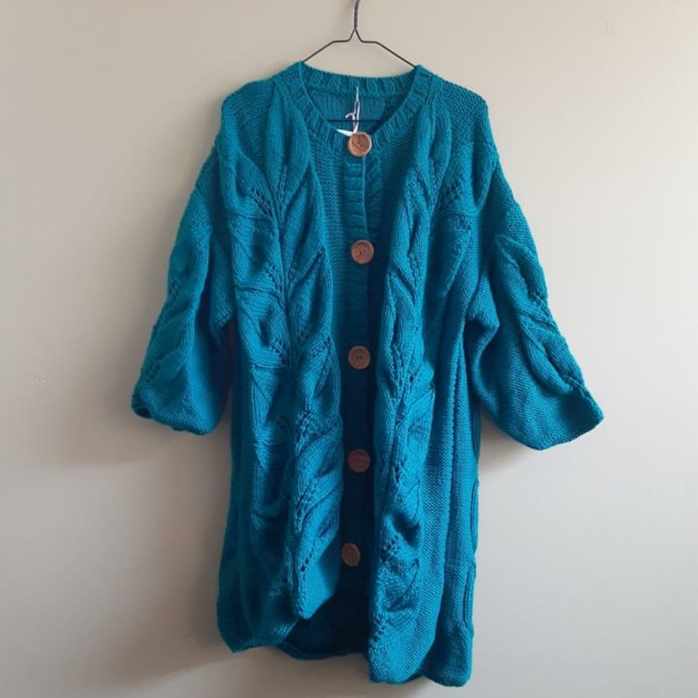 Ethical New Hand Knit Leaf Wool Sweater Coat Teal La Casita De Wendy
